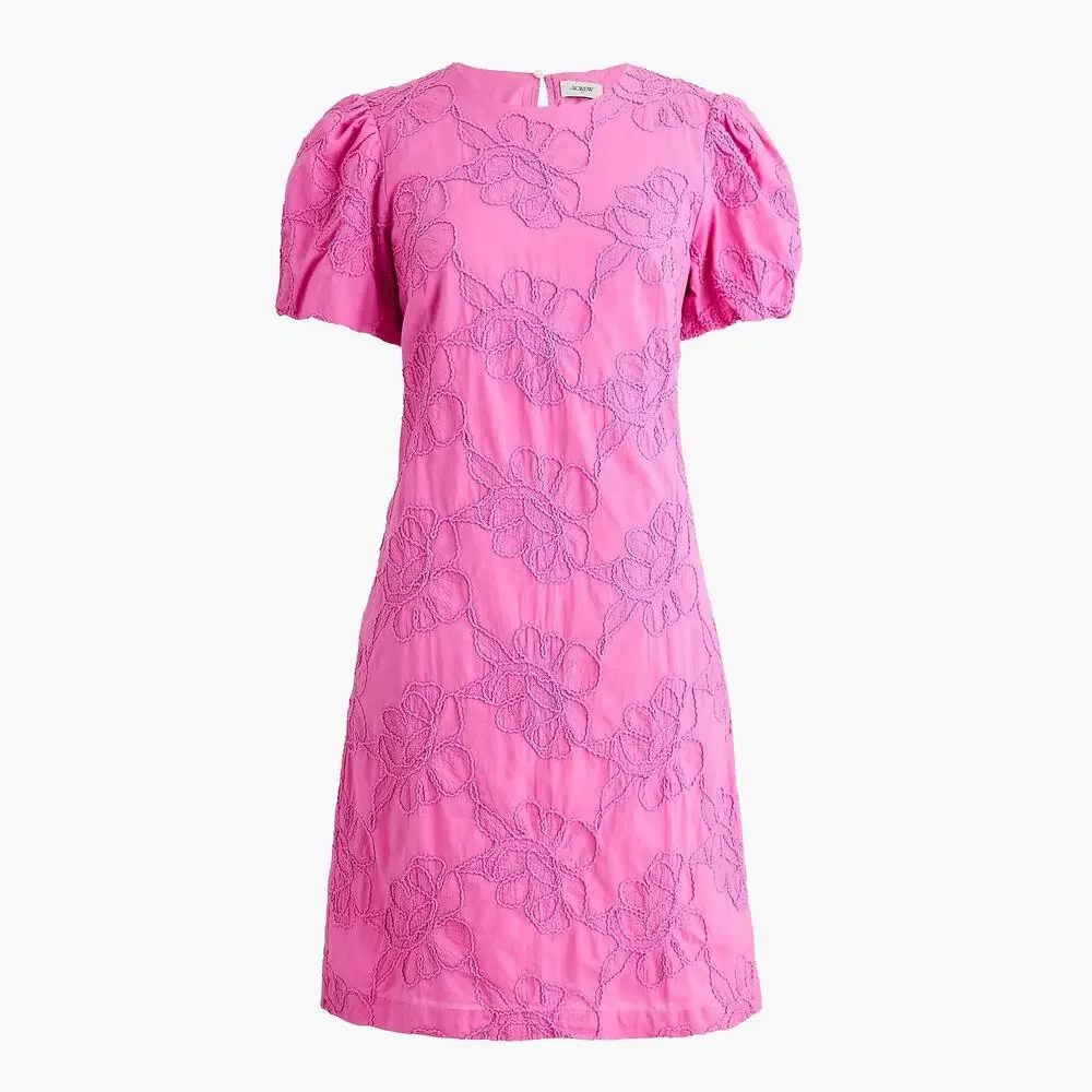 J. Crew Women's Embroidered Puff-Sleeve Mini Dress Coquette Pink Size 10 NWT